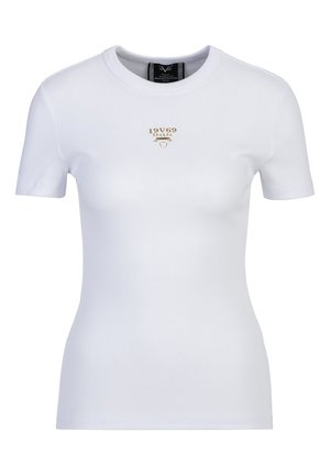 Weißes, körpernah geschnittenes, kurzärmeliges T-Shirt aus Rippenstrick mit rundem Ausschnitt und kleinem goldfarbenem "19V69 ITALIA"-Logo mittig auf der Brust.