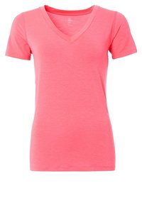 Fitted, short-sleeve V-neck t-shirt in bright pink, made from soft, lightweight fabric with a smooth texture and no visible patterns.