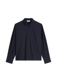 Dunkelblaues Poloshirt mit langen Ärmeln, durchgeknöpfter Vorderseite, spitzem Kragen, einer Brusttasche, aus glattem Stoff, lockere Passform.