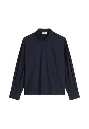 Dunkelblaues Poloshirt mit langen Ärmeln, durchgeknöpfter Vorderseite, spitzem Kragen, einer Brusttasche, aus glattem Stoff, lockere Passform.