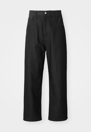 Black denim pants with a relaxed fit, high waist, zipper closure, and five-pocket design. Visible stitching accents throughout.