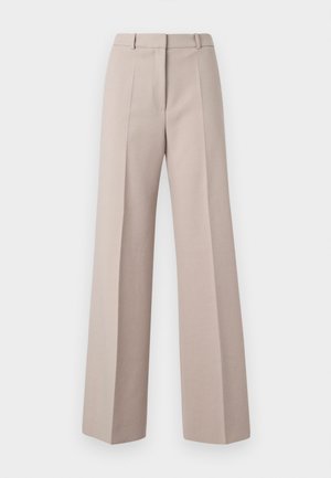 Beige wide-leg trousers made from a smooth fabric, featuring a high waist, front pleats, and a tailored silhouette.