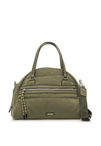 Sac à main rembourré vert olive avec double anses, bandoulière ajustable, poche zippée avant et écusson de la marque. Fermetures éclair accentuées.