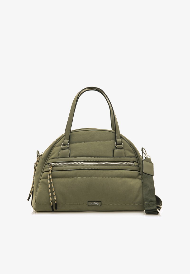 Bolso acolchado de color verde oliva con dobles asas, correa de hombro ajustable, bolsillo delantero con cremallera y parche con el logotipo de la marca. Cremalleras con detalles.