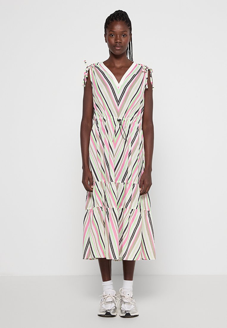 Gestreiftes Kleid mit V-Ausschnitt und gebundenen Ärmeln. Die Farben umfassen Rosa, Grün, Schwarz und Creme. Traumhaftes Rockdesign mit vertikalen Streifen.