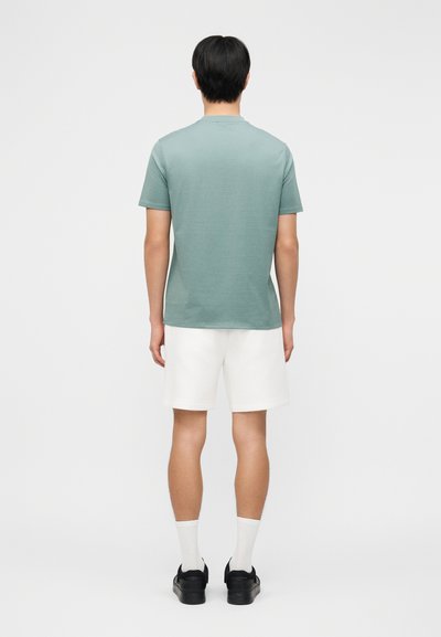 Άνδρας που στέκεται και κοιτάει προς τα πίσω, φοράει ανοιχτό πράσινο κοντομάνικο πουκάμισο, λευκά σορτς, λευκές κάλτσες και μαύρα παπούτσια σε απλό φόντο.