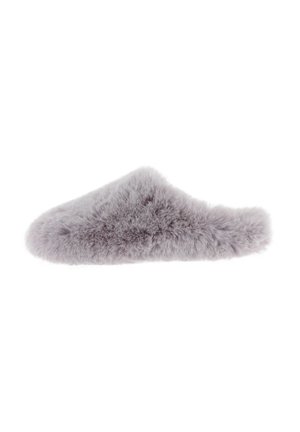 Pantofole grigie in finta pelliccia con punta arrotondata e senza retro. Il materiale ha una texture morbida e pelosa, che offre calore e comfort.
