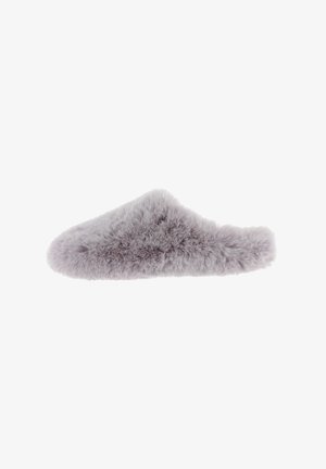 Gray faux fur slipper with a rounded toe and no back. The material has a soft, plush texture, providing warmth and comfort.