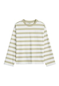 Langsleeve gestreept shirt in olijfgroen en wit, met een geribbelde halslijn en een subtiele logo-afdruk op de borst. Zachte stoftextuur.