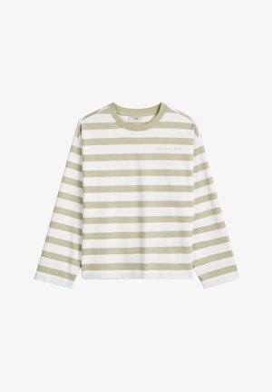 Langärmliges gestreiftes Hemd in Olivgrün und Weiß, mit einem gerippten Kragen und einem dezenten Logo-Print auf der Brust. Weicher Stoff.