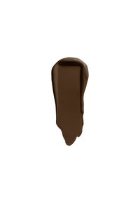 Échantillon de peinture marron foncé avec une texture lisse et brillante, se rétrécissant vers le bas et plus large en haut, sur un fond blanc.