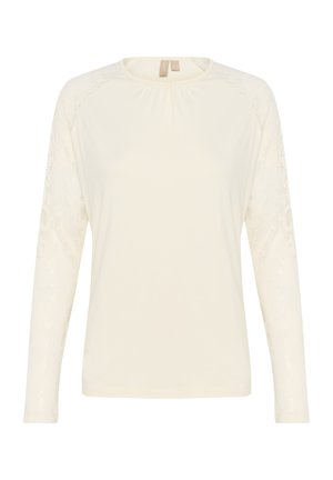 Langsleeve top in gebroken wit, met een glad hoofdweefsel en mouwpatroon van kant. Zachte textuur, ronde halslijn en normale pasvorm.