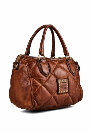 Brown quilted leather handbag with two handles, gold hardware, and a branded patch with text and studs on the front center.