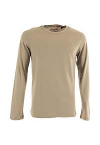 Maglietta a maniche lunghe in cotone beige. Presenta un collo a giro e un logo discreto sul petto. Tessuto morbido con una vestibilità rilassata.