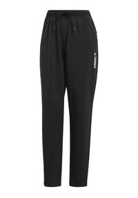 Pantalones de chándal negros fabricados en un tejido ligero, con una cinturilla elástica ajustable y un corte slim. Destaca el logo blanco "TERREX" en el lado izquierdo.