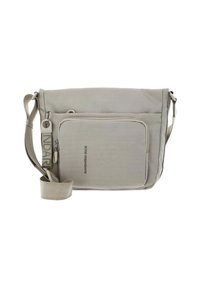 Light gray messenger bag with textured fabric, adjustable strap, front zipper pocket, and embossed logo detail on the side.