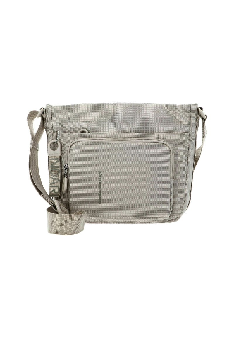 Light gray messenger bag with textured fabric, adjustable strap, front zipper pocket, and embossed logo detail on the side.