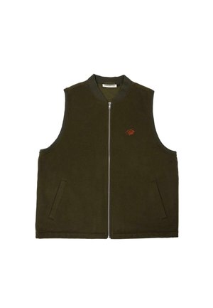 Olivengrön ärmlös zip-up väst med två sidofickor och en liten röd broderad logotyp på vänster bröst.