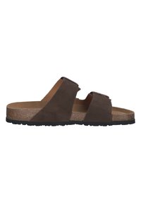 Bruna mockaskinnsandaler med två justerbara remmar, korkfotbädd och gummisula, med ett lagerdesign och minimal hårdvara.