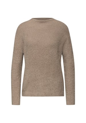 Suéter de punto beige con cuello redondo y mangas largas, que presenta una superficie texturizada y un corte relajado. Sin patrones ni adornos.