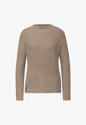 Suéter de punto beige con cuello redondo y mangas largas, que presenta una superficie texturizada y un corte relajado. Sin patrones ni adornos.