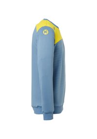 Lichtblauwe sweatshirt met een gele schouderaccent, geribbelde manchetten, zachte textuur en horizontale lijnen aan de zijkant. Voorzien van een logodetail.