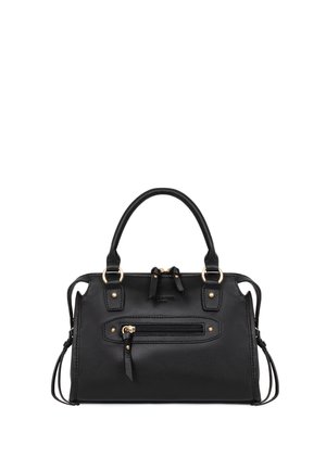 Sac à main en cuir noir avec double poignée, poche avant zippée avec fermeture éclair dorée et détails de sangles latérales sur fond blanc.
