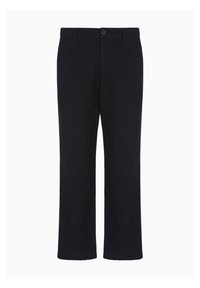 Pantaloni di cotone neri con taglio dritto, chiusura con bottone e passanti per cintura. Tessuto uniforme, senza motivi o dettagli, con orli rifiniti.