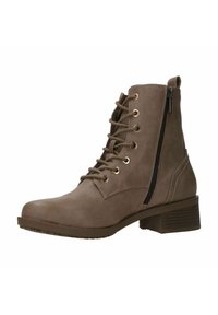 Stivale alla caviglia in finta pelle marrone con punta arrotondata, chiusura lace-up sul davanti, cerniera laterale e tacco basso impilato. Superficie testurizzata e occhielli in tonalità oro.