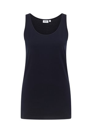 Top senza maniche blu navy con scollatura a girocollo, taglio aderente e etichetta con marchio all'interno del colletto.