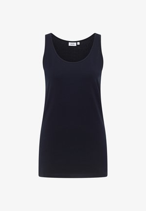 Marineblå ærmeløs tanktop med rund halsudskæring, tætsiddende snit og mærke indeni kraven.