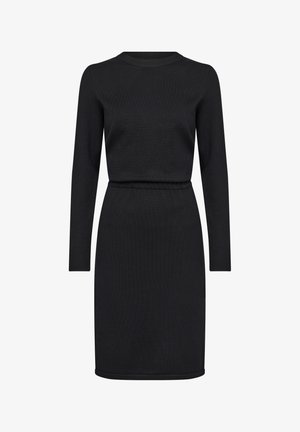 Vestido negro hasta la rodilla con mangas largas, escote redondo, cintura elástica y puños acanalados. Está hecho de un suave tejido de punto texturizado.