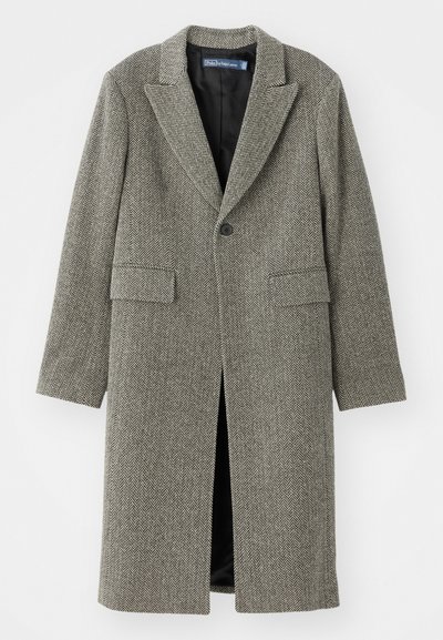 Houndstooth-patterned coat in shades of gray, featuring a notched lapel, single button closure, and two front pockets. Lined interior.