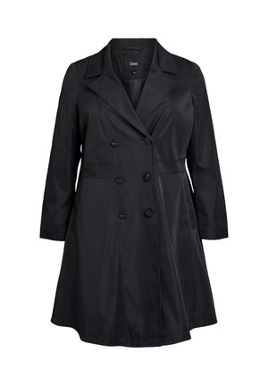 Čierny kabát s dvojitým zapínaním a priliehavým strihom, s výrezom na golieri, dlhými rukávmi, bočnými vreckami a hladkou textúrou.
