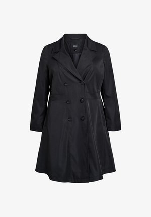 Manteau noir croisé à coupe ajustée, doté d'un col à revers entaillé, de manches longues, de poches latérales et d'une texture lisse.