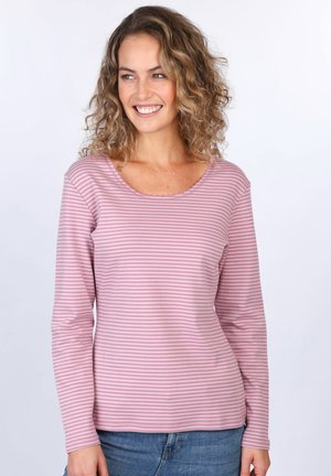 Long-sleeve, pink striped top with a round neckline and scalloped trim. Soft fabric with a fitted design, featuring delicate horizontal stripes.