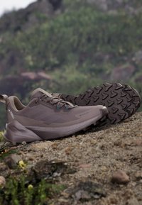 Graue Wanderschuhe mit einem strukturierten Profil, einem flexiblen Obermaterial, verstärkter Zehenkappe und einem Schnürdesign mit Zuglasche.