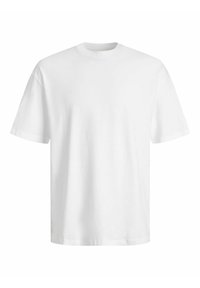 Fehér pamut póló rövid ujjú, kerek nyakkal, normál fazonnal és sima textúrával, látható logók vagy minták nélkül.