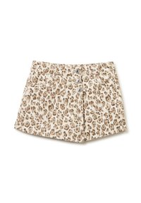 Shorts con stampa leopardata in una combinazione di colori marrone chiaro e beige, con chiusura a bottone, due tasche frontali e una texture di tessuto morbida.