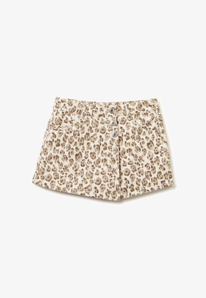 Lepaardprint shorts in een lichtbruin en beige kleurenschema, met een knoopsluiting, twee zakken aan de voorkant en een zachte stoftextuur.