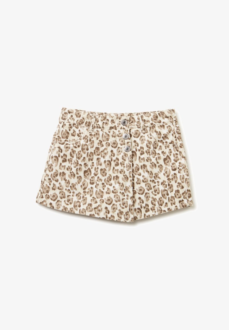 Šortky s leopardím vzorem v jemně hnědém a béžovém barevném schématu, s knoflíkovým zapínáním, dvěma předními kapsami a měkkou texturou látky.