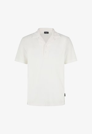 Witte polo met korte mouwen, een omgeslagen kraag, een knoopsluiting met drie knopen en een gladde textuur. Heeft een klein merkembleem aan de zijkant.