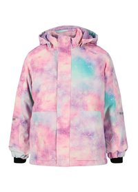 Lasten eristetty talvitakki, jossa on vaaleanpunainen, violetti ja sininen galaksikuosi, huppu, etutaskut ja elastiset hihansuut.