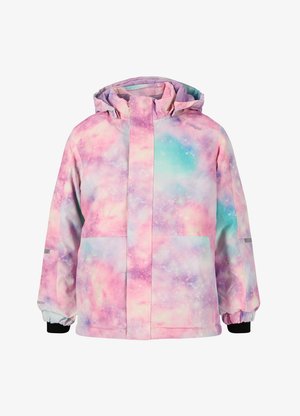 Kinder-Winterjacke mit Isolierung in einem galaktischen Druck in Rosa, Lila und Blau, mit Kapuze, Fronttaschen und elastischen Bündchen.