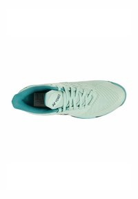 Light teal athletic shoe with a textured mesh upper, contrasting turquoise accents, and a lace-up closure. Features ventilation holes and branding.