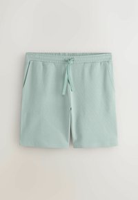 Shorts en coton bleu-vert clair avec taille élastique, cordon de serrage à l'avant et poches latérales, posés à plat sur un fond blanc.