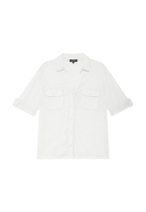 Weißes Kurzarmhemd mit Knopfschluss, zwei Brusttaschen und lockerer Passform. Der Stoff wirkt leicht und strukturiert.