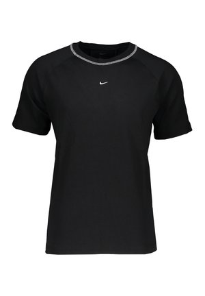 Schwarzes kurzärmeliges T-Shirt aus Baumwolle. Mit Raglanärmeln und einem grauen, gesteppten Ausschnitt, auf der Brust befindet sich ein kleines weißes Nike-Logo.
