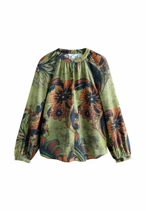 Chemise florale à manches longues en vert, ornée de motifs colorés orange et bleu. Col et poignets froncés ajoutent de la texture et du détail.