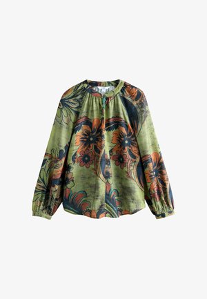 Groene bloemenshirt met lange mouwen, versierd met kleurrijke oranje en blauwe patronen. Gekreukte halslijn en manchetten voegen textuur en detail toe.